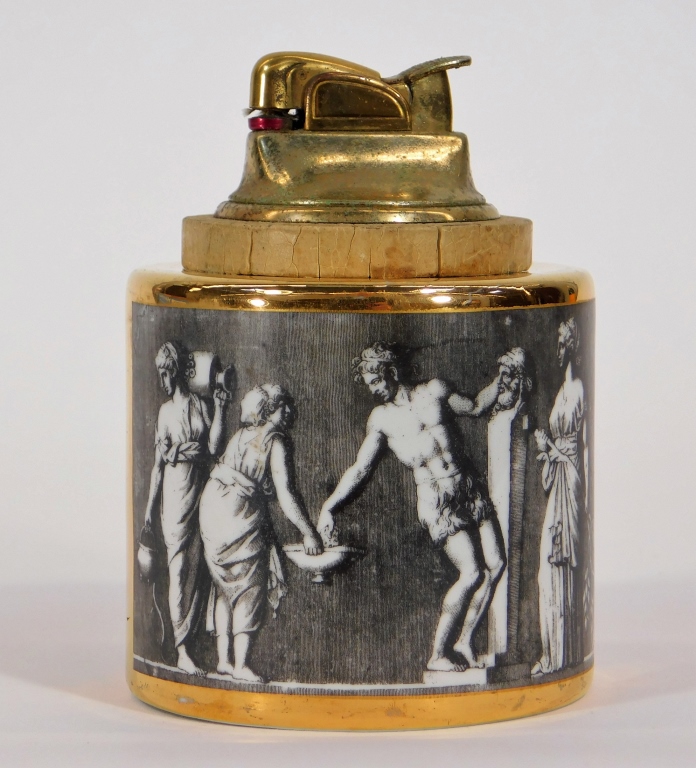 Appraisal: PIERO FORNASETTI NEOCLASSICAL PORCELAIN LIGHTER Italy - Cylindrical form decorated