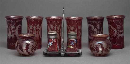 Appraisal: Nine Bohemian ruby etched-to-clear glass articles including six cordials and