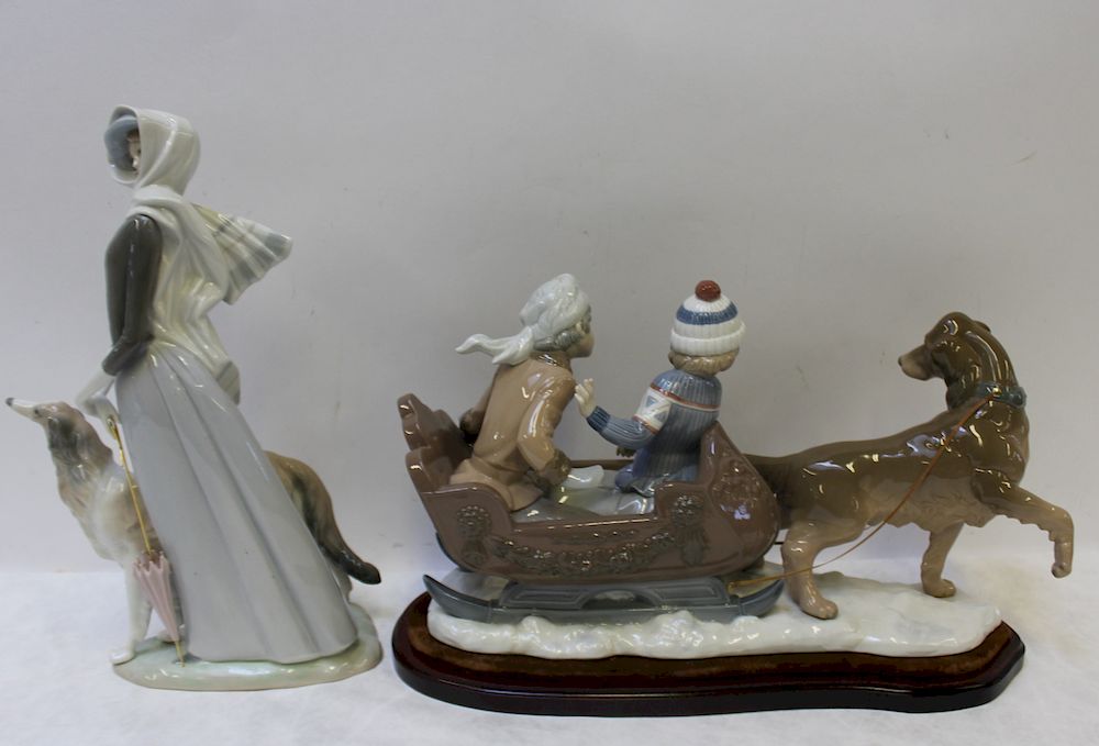 Appraisal: LLADRO Lot of Porcelain Groupings With Dogs Dog Sled with