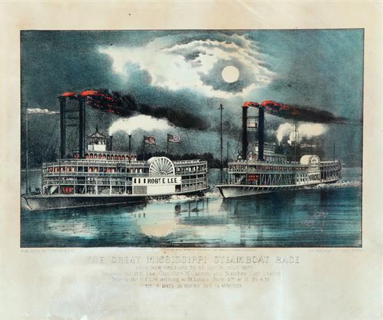 Appraisal: THE GREAT MISSISSIPPI STEAMBOAT RACE BY CURRIER IVES Handcolored lithograph