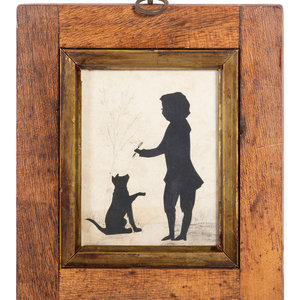 Appraisal: A Cut-Paper Silhouette of a Boy and Dog Early th