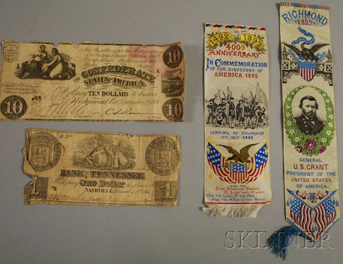 Appraisal: Two Stevengraph-type Bookmarks and Two Pieces of Confederate Currency a