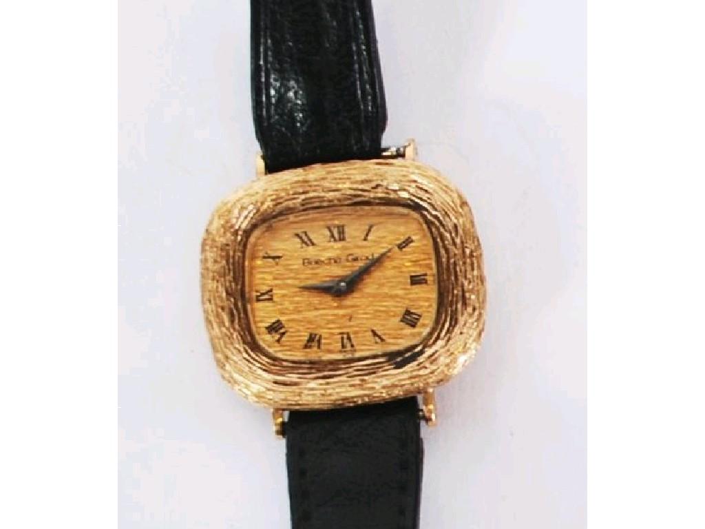 Appraisal: LADY'S BUECHE GIROD CT GOLD WRIST WATCH WITH BLACK LEATHER