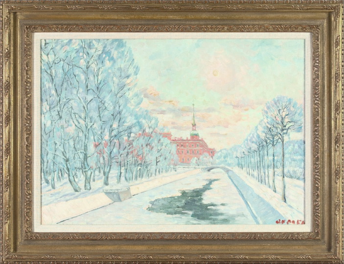 Appraisal: Alexandre Soroka Russian b Winter Riverbank Scene oil on canvas