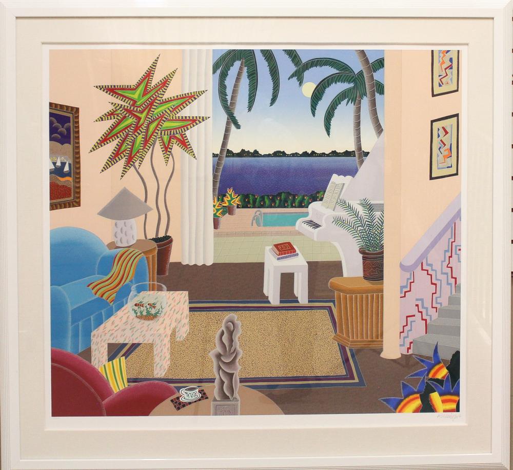 Appraisal: THOMAS McKNIGHT Connecticut born serigraph interior scene at night opening