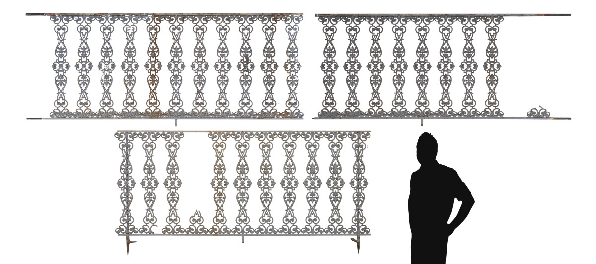 Appraisal: PIECE WROUGHT IRON FENCE PANELS Foliate column designs grey painted