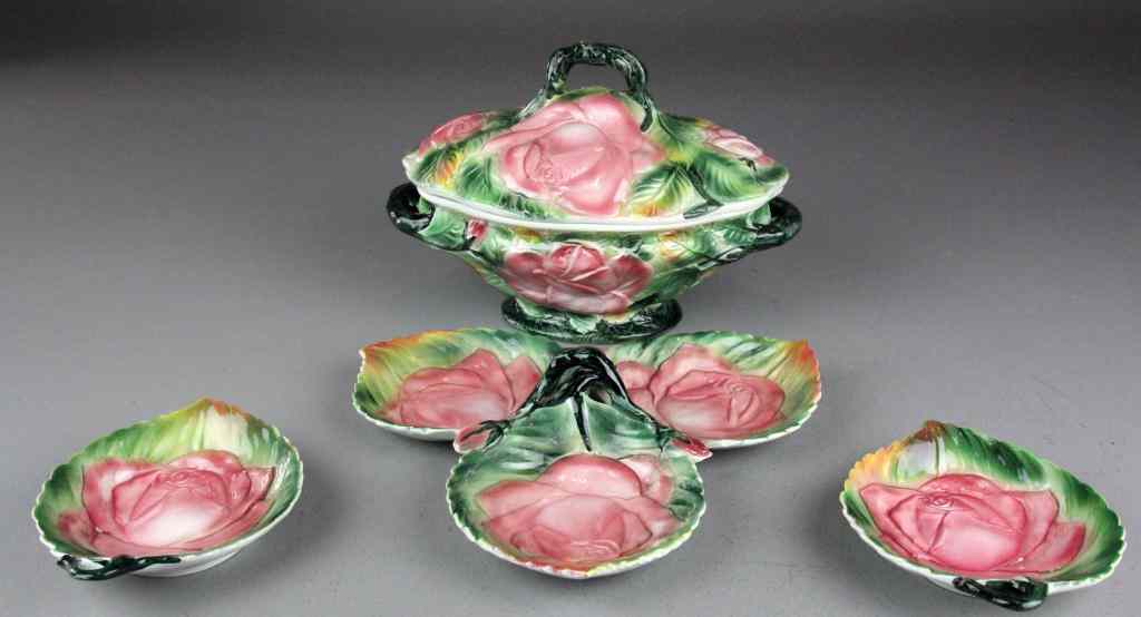 Appraisal: Pcs Ceramic Rose Tureen and DishesTo include '' L soup