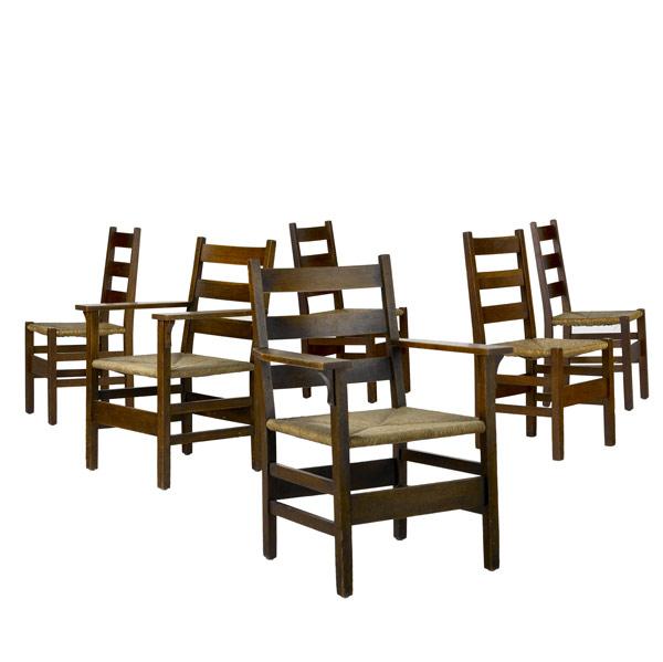 Appraisal: GUSTAV STICKLEY Set of six ladderback chairs with rush seats