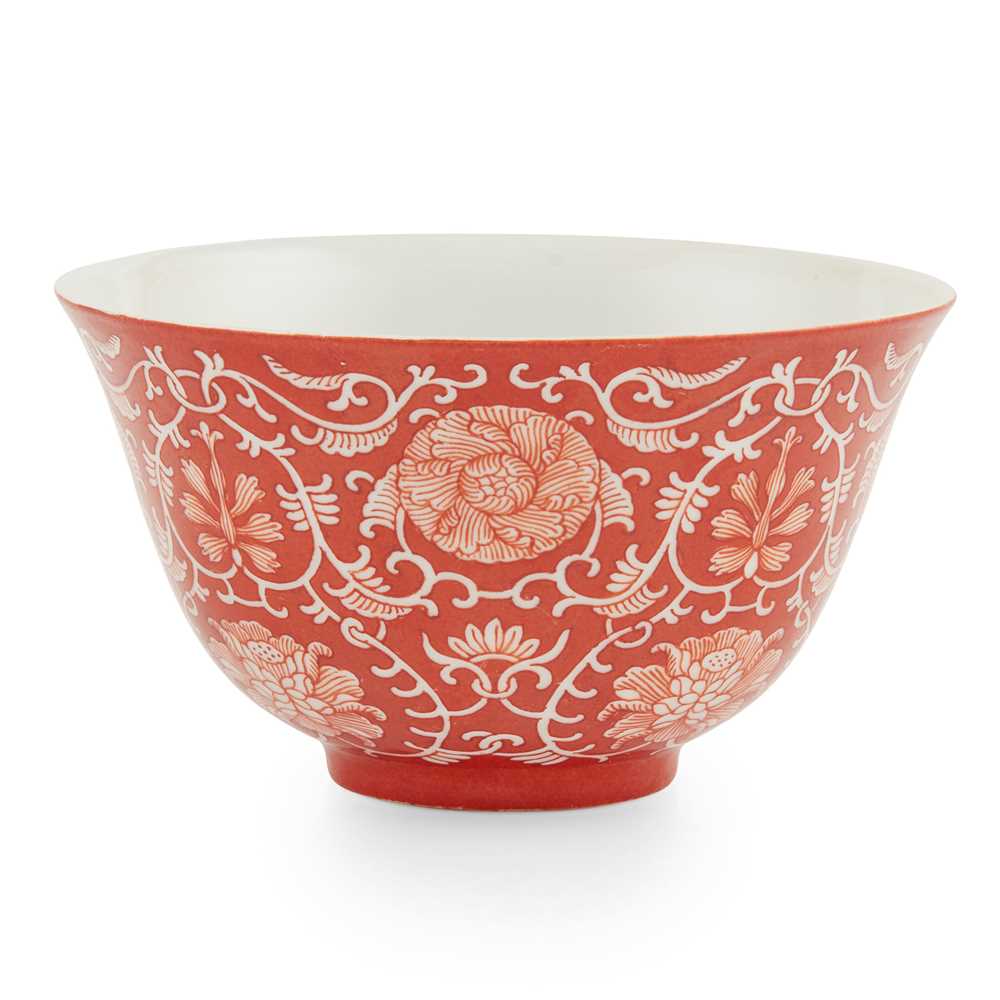 Appraisal: CORAL-GROUND RESERVE-DECORATED 'LOTUS' BOWL DAOGUANG MARK AND POSSIBLY OF THE