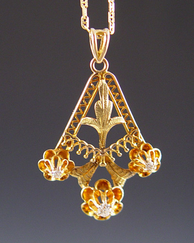 Appraisal: K ART NOUVEAU DIAMOND LAVALIER CHAIN K yellow gold pendant