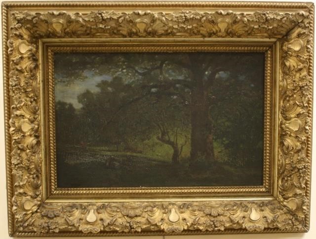 Appraisal: MID- TH CENTURY OIL PAINTING ON BOARD WOODLANDSCENE WITH TWO