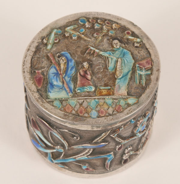 Appraisal: Chinese enameled silver repousse box with three figures on the