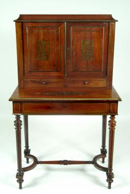 Appraisal: A ROSEWOOD AND BRASS INLAID BONHEUR DU JOUR late th