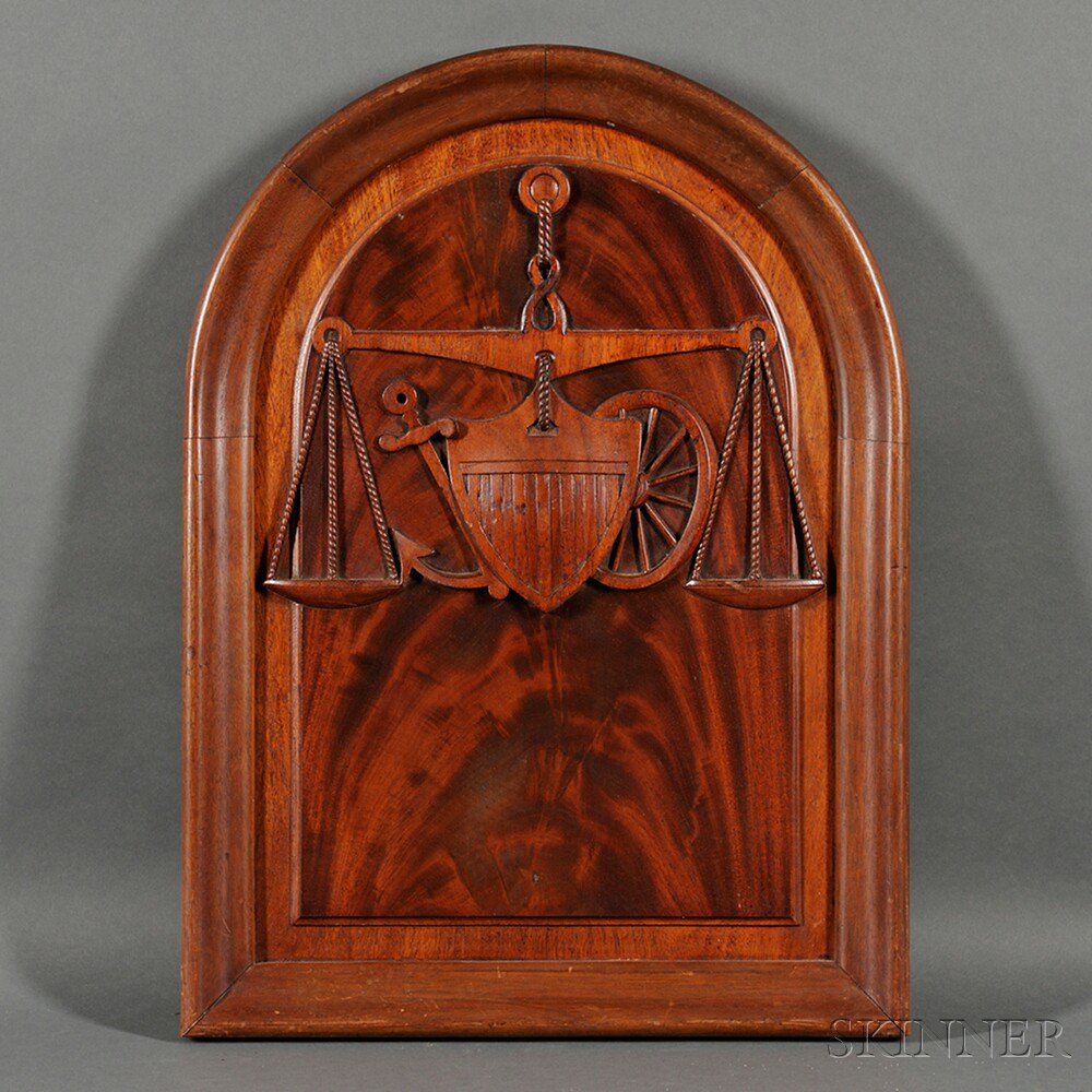 Appraisal: Mahogany Carved Plaque with American Symbols America late th century