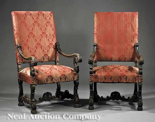 Appraisal: A Pair of Antique Louis XIV-Style Carved Oak Armchairs late