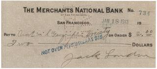 Appraisal: London Jack Signed personal check To National Geographic London Jack