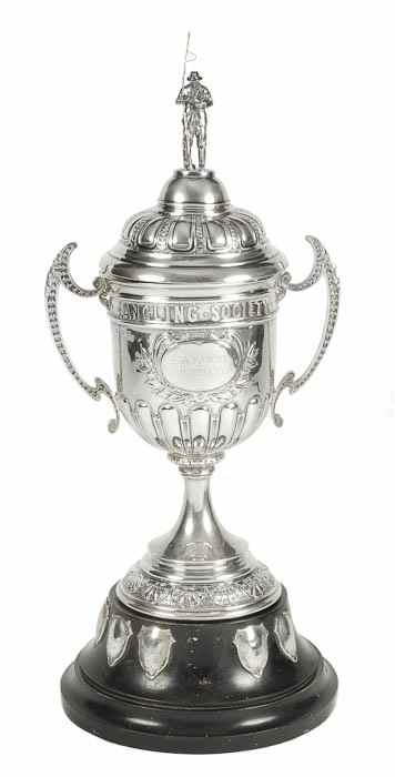 Appraisal: A silver and enamel angling trophy cup and cover by