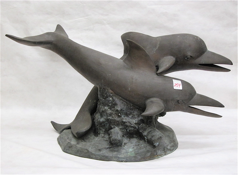 Appraisal: FIGURAL BRONZE GARDEN SCULPTURE a pair of dolphins with verde