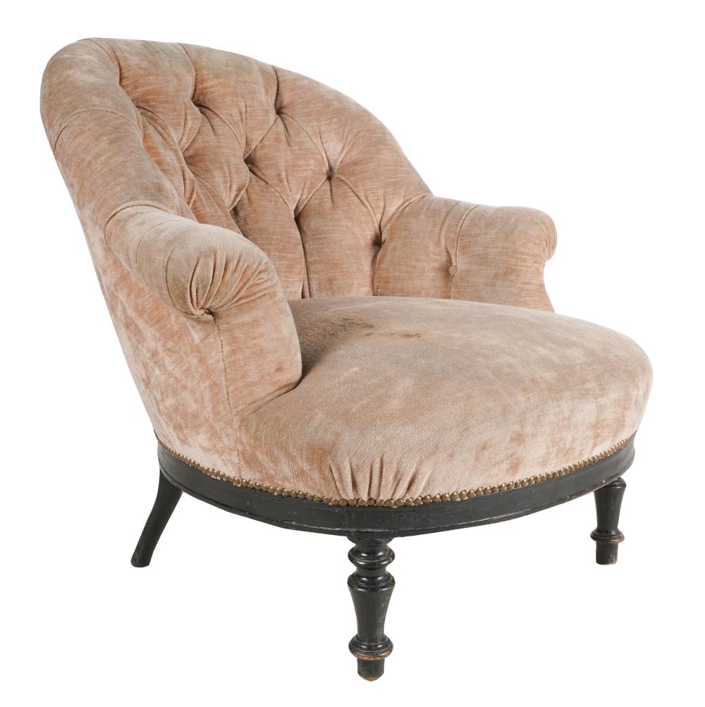 Appraisal: GEORGE SMITH-STYLE TUFTED UPHOLSTERED CHAIRunsigned covered with light brown velour