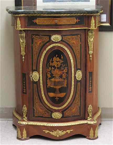 Appraisal: LOUIS XVI STYLE MARBLE-TOP SIDE CABINET the single-door front decorated