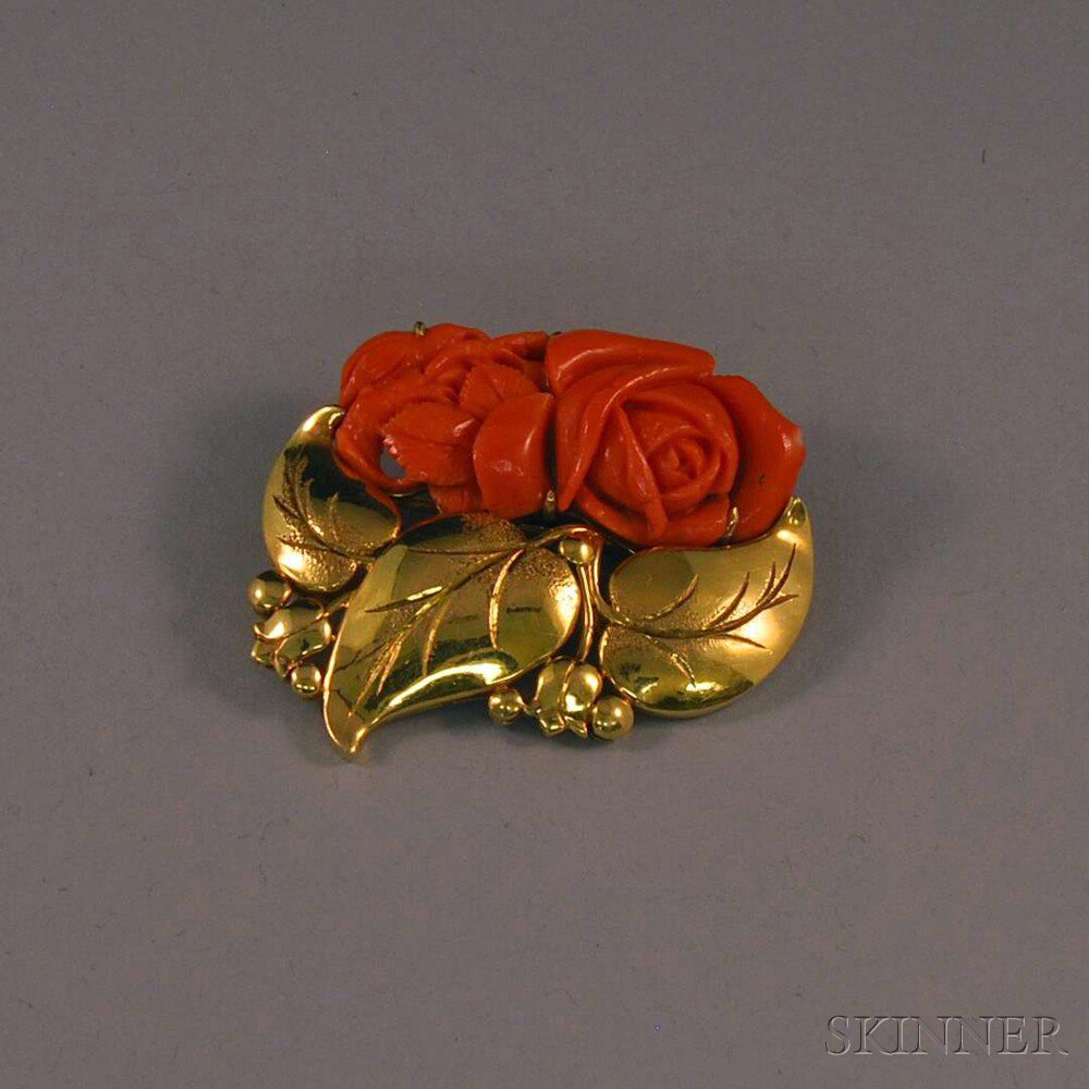 Appraisal: kt Gold and Carved Coral Rose Brooch formed as a