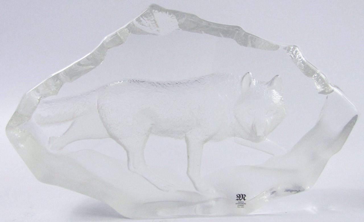 Appraisal: A Matts Jonasson clear and frosted glass sculpture of an