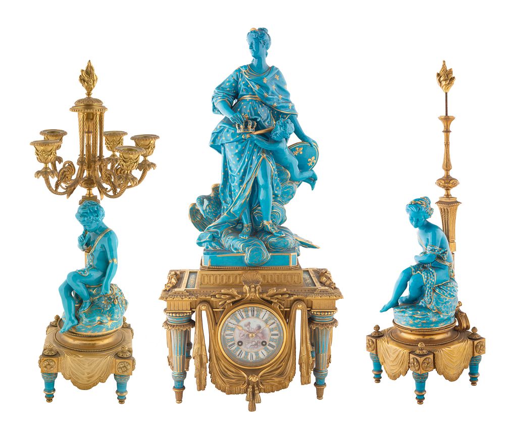 Appraisal: A THREE-PIECE ORMOLU-MOUNTED MINTONS OR MINTONS STYLE PORCELAIN DESK CLOCK