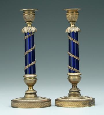 Appraisal: Pair bronze dor candlesticks cobalt glass columns mounted with brass