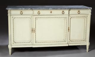 Appraisal: Louis XVI Style Polychromed Breakfront Marble Top Sideboard th c