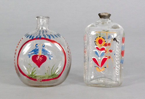 Appraisal: Two Stiegel type enamel decorated bottles th c with lovebirds