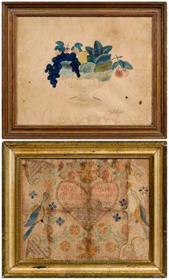 Appraisal: Watercolor fraktur and theorem theorem with heart birds and floral