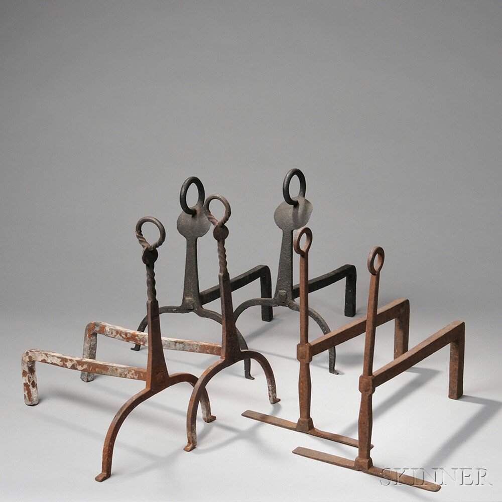 Appraisal: Three Pairs of Wrought Iron Andirons America late th early