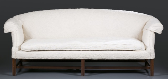 Appraisal: Chippendale-Style Camelback Sofa White upholstery with straight Marlborough legs H