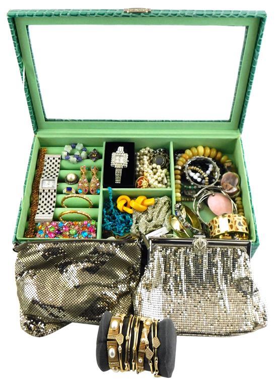 Appraisal: COSTUME JEWELRY pieces including accessories in green faux-alligator skin box