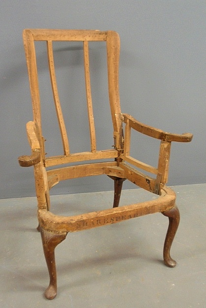 Appraisal: - English Queen Anne arm chair frame the front stretcher