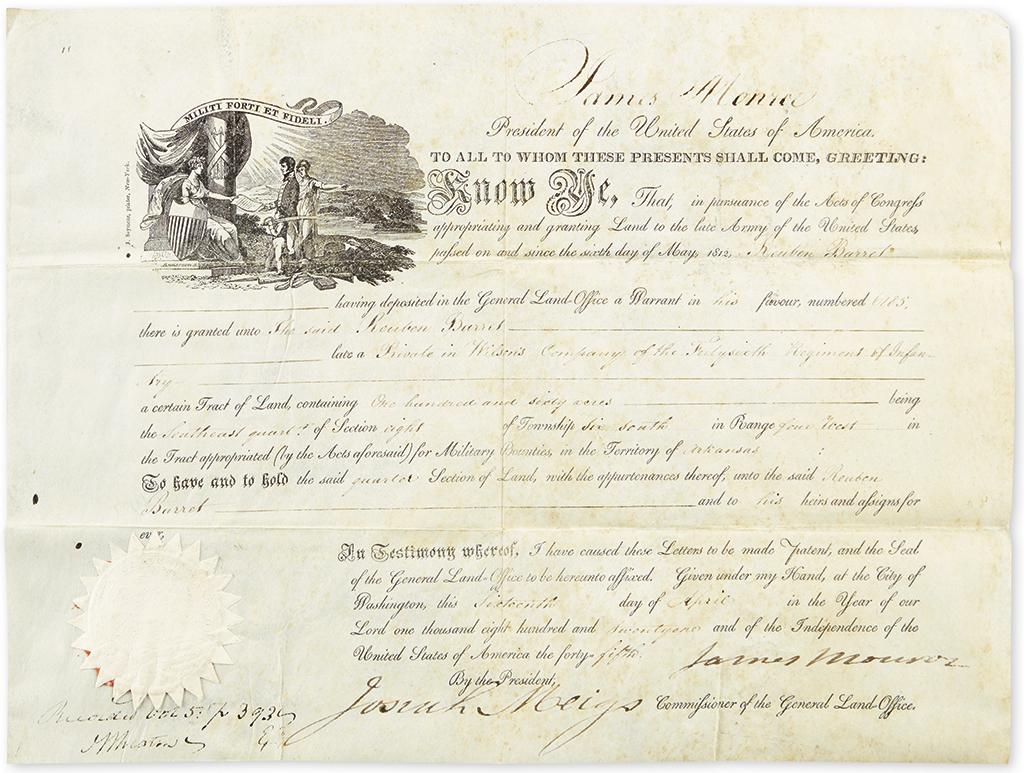 Appraisal: MONROE JAMES Partly-printed vellum Document Signed as President land deed