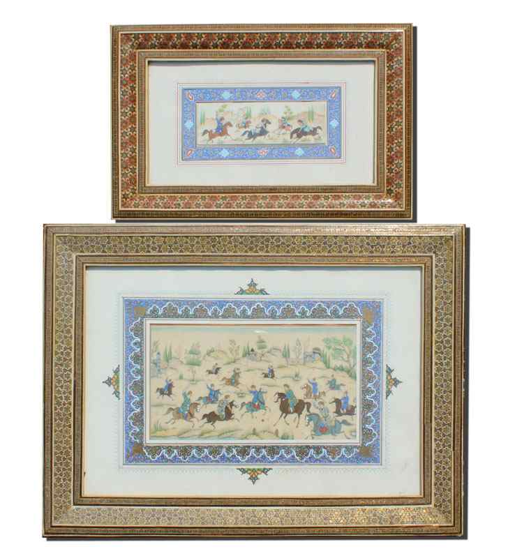 Appraisal: PAIR OF MINIATURE PERSIAN PAINTINGS ON BONE OF POLO PLAYERS