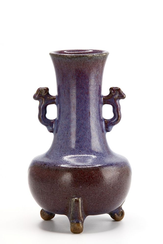 Appraisal: Flambe-Glazed Tripod Censer The robustly potted compressed globular body with