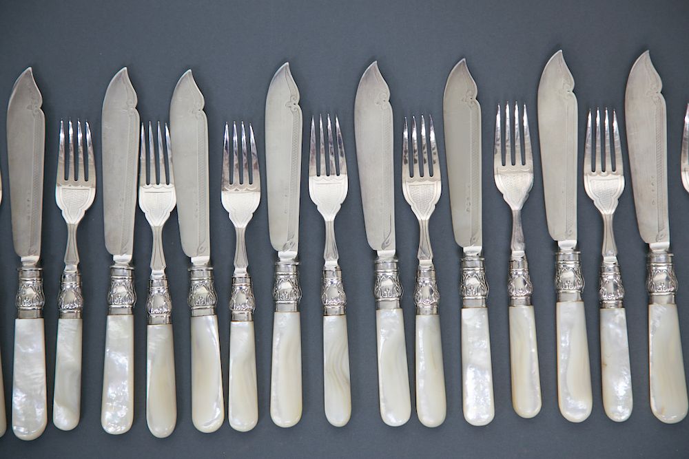 Appraisal: Set of English Mother of Pearl and Silver Plate Fish