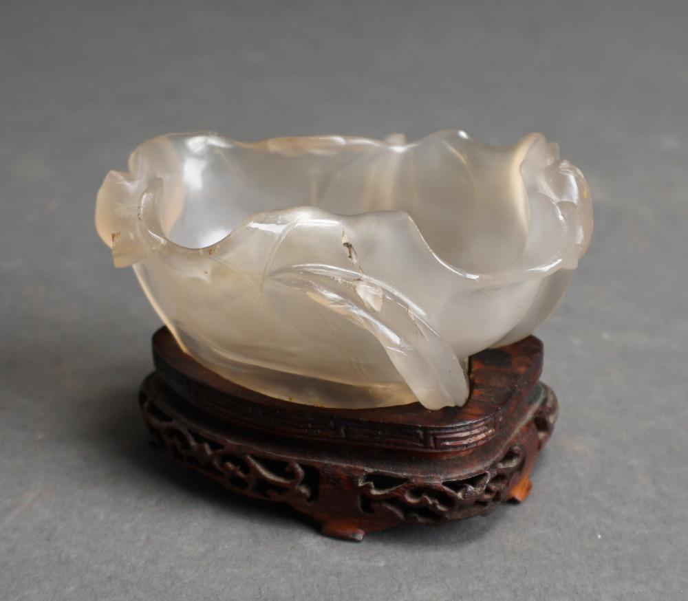 Appraisal: Chinese Carved Agate Brush Washer with Hardwood Stand