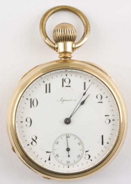 Appraisal: Agassiz Railroad Pocket Watch jewel movement numbered gold plated case