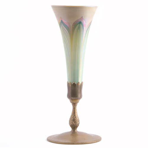 Appraisal: TIFFANY STUDIOS Favrile glass and gilt bronze trumpet vase the