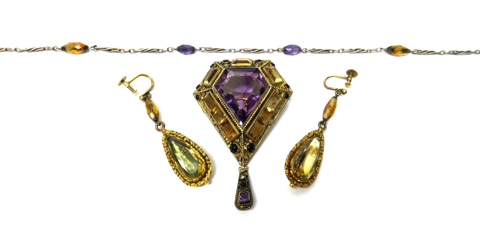 Appraisal: A Sterling gilt amethyst citrine and marcasite set brooch of