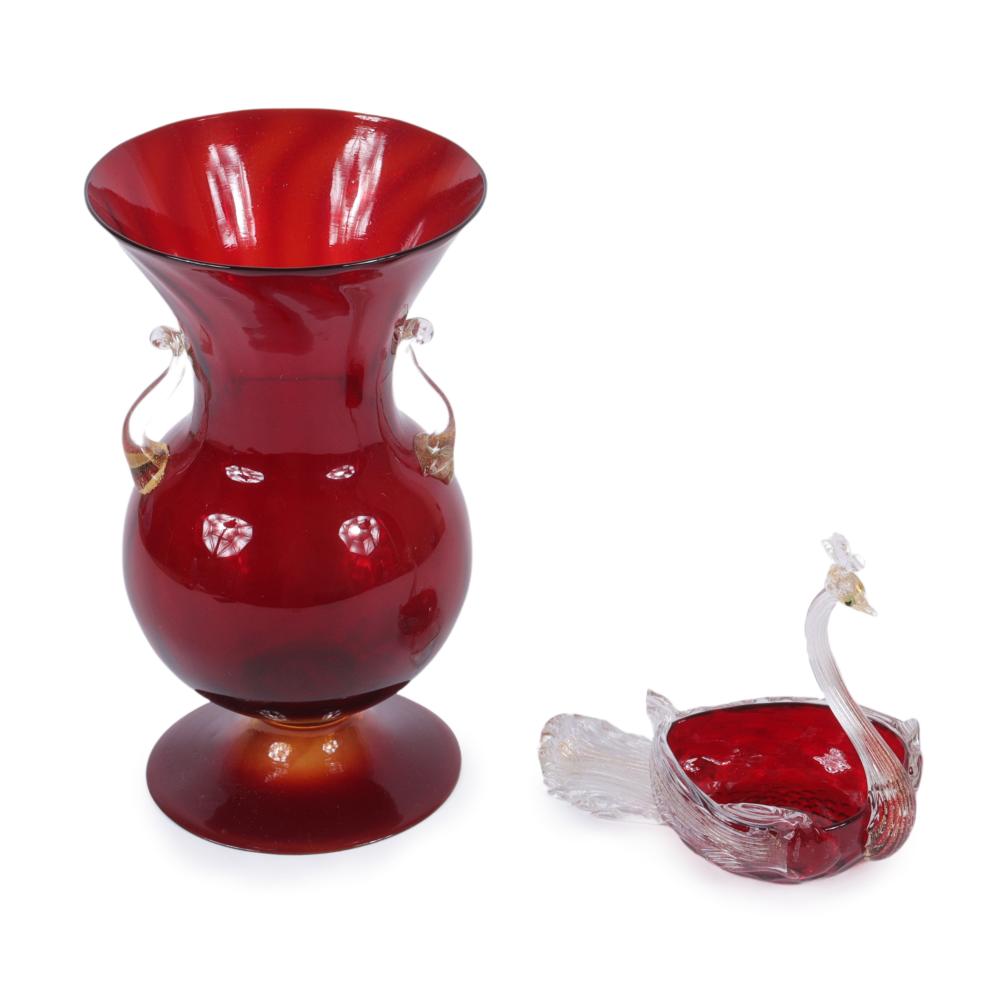 Appraisal: ITALIAN RUBY RED VENETIAN ART GLASS HANDLED VASE AND SWAN