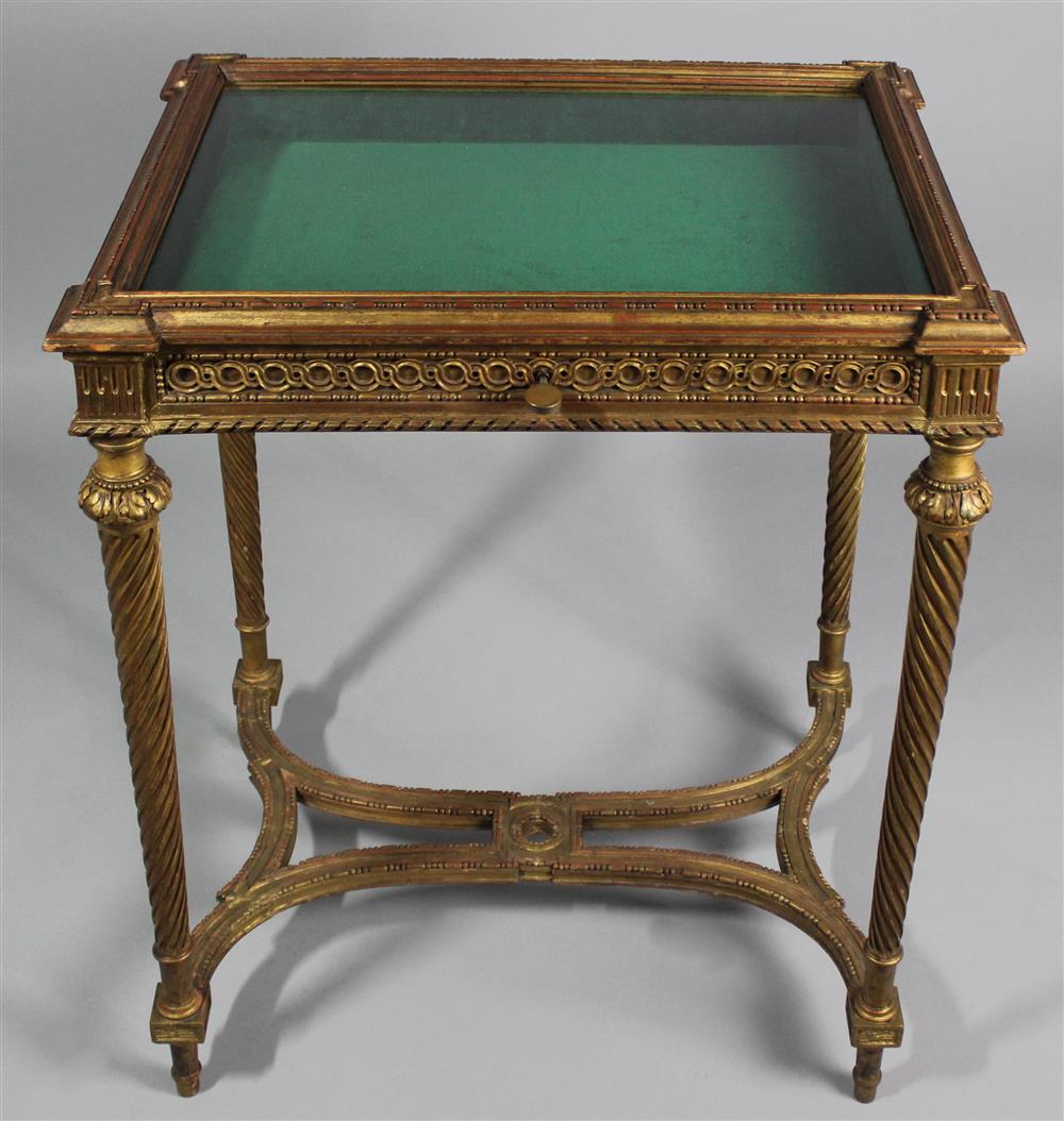 Appraisal: LOUIS XVI STYLE GILTWOOD VITRINE TABLE late th Century hinged