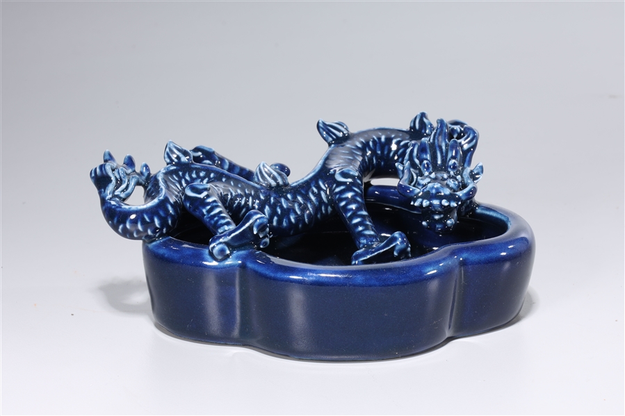 Appraisal: Elaborate Chinese blue monochromed glaze porcelain brush washer with dragon