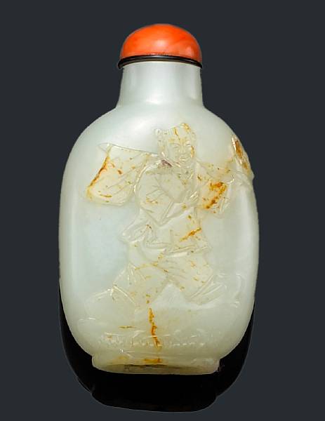 Appraisal: A carved white jade snuff bottle - Well-hollowed designed in