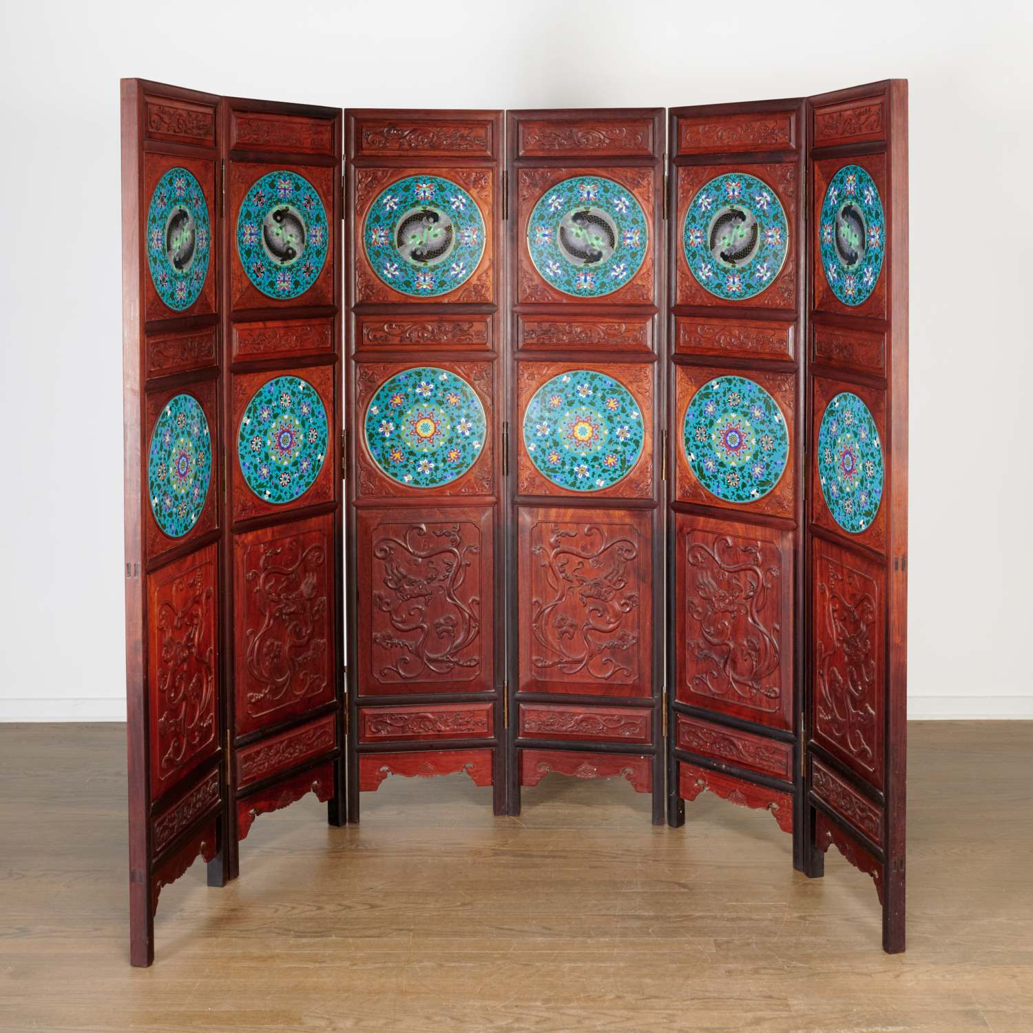 Appraisal: CHINESE HARDWOOD CLOISONNE -PANEL SCREEN th c each panel inset