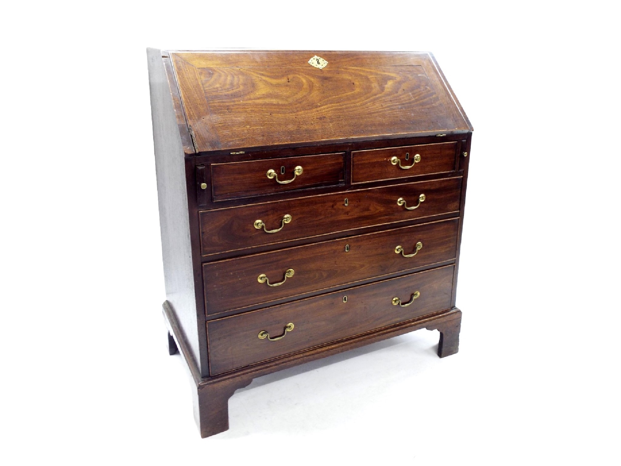 Appraisal: George III flame mahogany bureau the fall-front enclosing a fitted