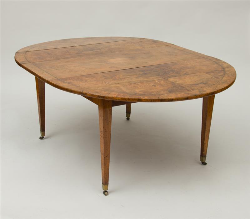 Appraisal: DIRECTOIRE BRASS-INLAID BURL WALNUT EXTENSION DINING TABLE The oval top